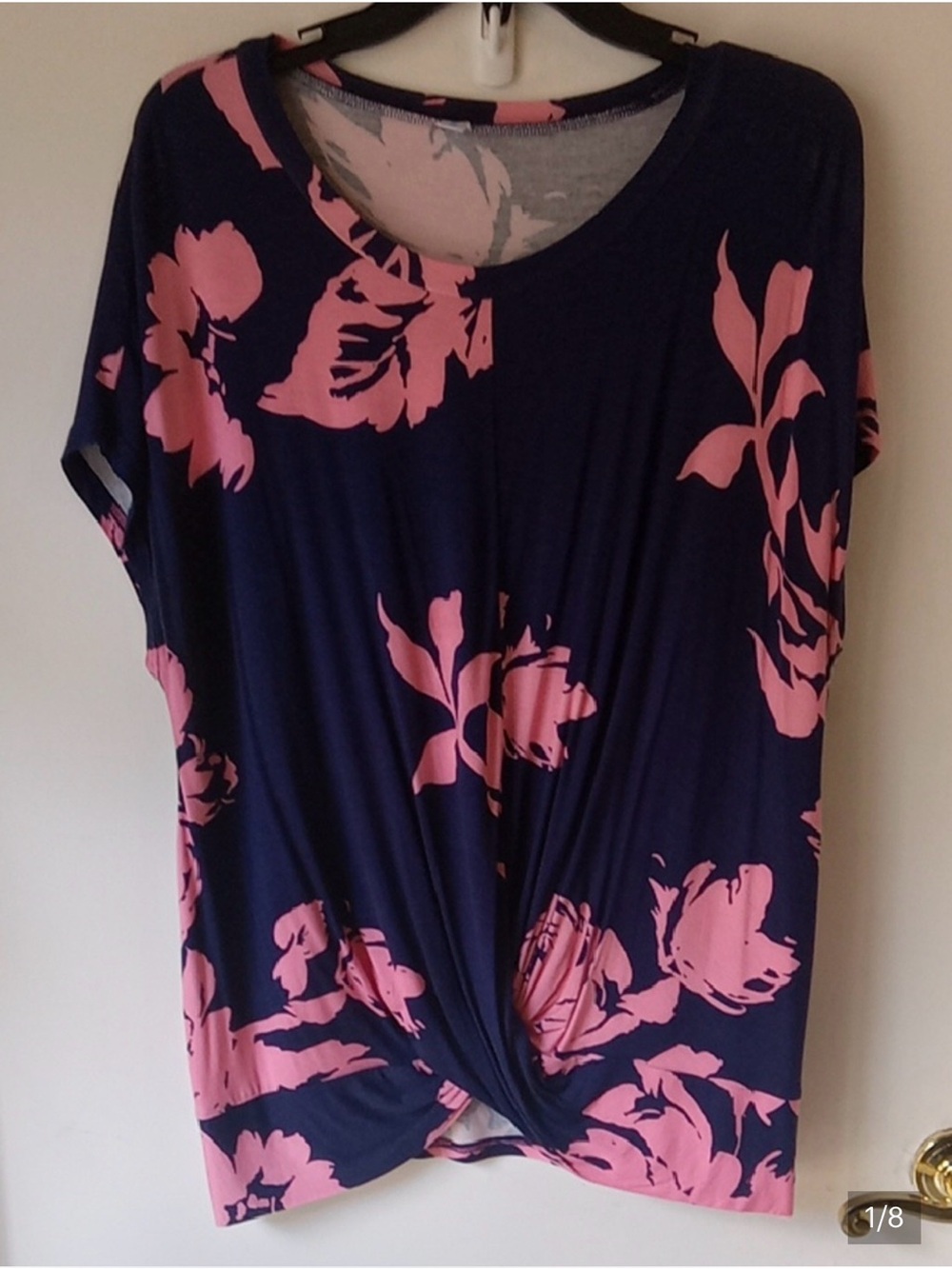 Women’s Navy and Pink Floral Twist-Front Top